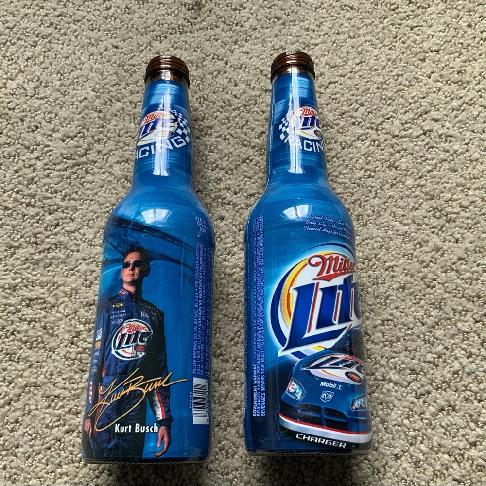 Lot of 2 NASCAR Miller Lite Racing Kurt Busch Plastic Wrapped Beer Bottle  9”
